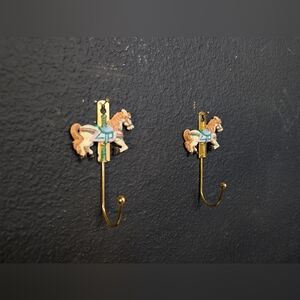 Set of 4 Vintage Carousel Horses Gold Brass Garment Wall Hook Pastel Pink Pony